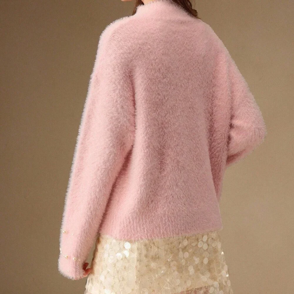Pink Elegant Women's Chic Velvet Sweater